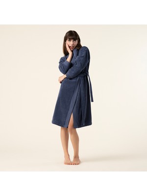 Solıd Bordürlü Pamuk %100 Pamuk Bornoz Small Beden Lacivert