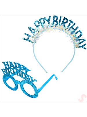 Süsle Bebek ve Parti Happy Birthday Taç ve Gözlük Seti - Mavi