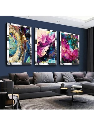 Zevahir Mobilya Dekorasyon Renkli Modern Gümüş Pleksi Kenar 3'lü Mdf Tablo Seti