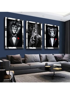Zevahir Mobilya Dekorasyon Hayvan Mafyası Gümüş Pleksi Kenar 3'lü Mdf Tablo Seti