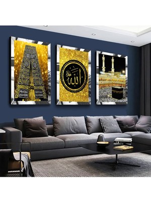 Zevahir Mobilya Dekorasyon Kabe ve Allah Lafzı Gümüş Pleksi Kenar 3'lü Mdf Tablo Seti