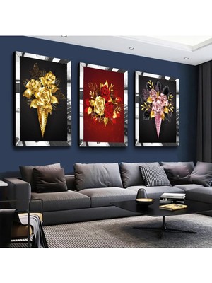 Zevahir Mobilya Dekorasyon Renkli Çiçekler Gümüş Pleksi Kenar 3'lü Mdf Tablo Seti