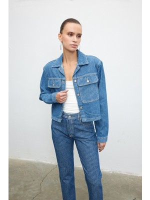 Çizgili denim crop ceket