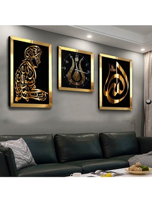 Zevahir Mobilya Dekorasyon Dini Motifli Pleksi Kenar 3'lü Mdf Tablo ve Saat Seti