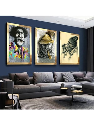 Zevahir Mobilya Dekorasyon Yaşlı Adam Gold Pleksi Kenar 3'lü Mdf Tablo Seti