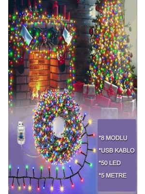 Ecuy LED Işık Zinciri USB Güç Kablolu Yılbaşı Oda Balkon Renkli LED Işık 8 Modlu 5 Metre LED Işık Zincir