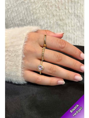 Trend Collection Zirkon Taşlı Gold Zarif Ayarlanabilir Pandora, Taç, Alyans 3'lü Kadın Yüzük Seti