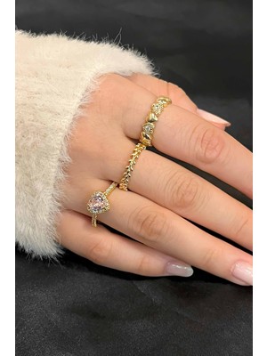 Trend Collection Zirkon Taşlı Gold Zarif Ayarlanabilir Pandora, Taç, Kalp 3'lü Kadın Yüzük Seti