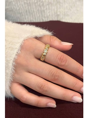 Trend Collection Zirkon Taşlı Gold Zarif Ayarlanabilir Pandora, Taç, Kalp 3'lü Kadın Yüzük Seti