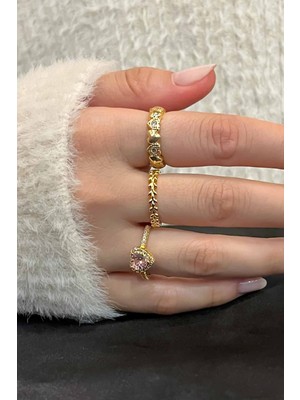 Trend Collection Zirkon Taşlı Gold Zarif Ayarlanabilir Pandora, Taç, Kalp 3'lü Kadın Yüzük Seti