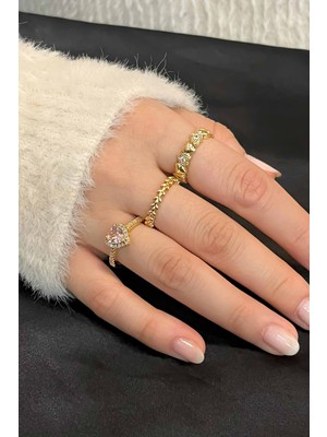 Trend Collection Zirkon Taşlı Gold Zarif Ayarlanabilir Pandora, Taç, Kalp 3'lü Kadın Yüzük Seti