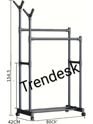 Trendesk Metal Siyah Tekerlekli Çift Katlı Konfeksiyon Askılığı   Giysi Elbise  Askılığı  6011