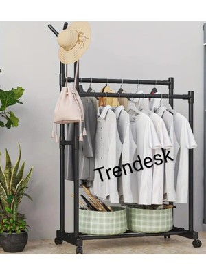 Trendesk Metal Siyah Tekerlekli Çift Katlı Konfeksiyon Askılığı   Giysi Elbise  Askılığı  6011