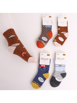 Ekinoks Socks Erkek Bebek Araba Desenli Dikişsiz Pamuklu Kışlık Termal 4'lü Havlu Soket Çorap