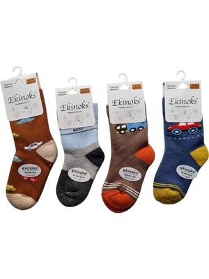 Ekinoks Socks Erkek Bebek Araba Desenli Dikişsiz Pamuklu Kışlık Termal 4'lü Havlu Soket Çorap