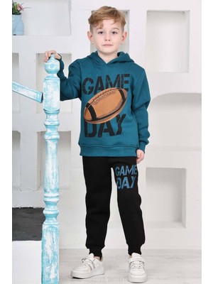 Erkek Çocuk Üzerinde Top ve Game Day Yazı Baskılı Sweatshirt 3 Iplik Lacivert Eşofman Takım