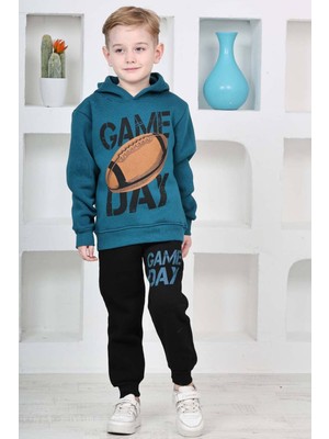 Erkek Çocuk Üzerinde Top ve Game Day Yazı Baskılı Sweatshirt 3 Iplik Lacivert Eşofman Takım