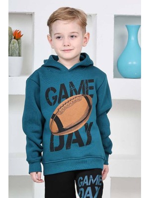 Erkek Çocuk Üzerinde Top ve Game Day Yazı Baskılı Sweatshirt 3 Iplik Lacivert Eşofman Takım