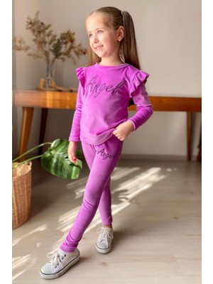 Kız Çocuk Omuzlarında Fırfır Detayı Angel Yazı Işlemeli Kadife Mor Taytlı Takım