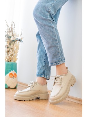 Divolya Retro Bej Günlük Kullanım Loafer Kadın Ayakkabı