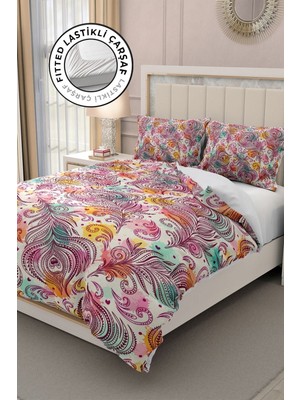 Lastikli Çarşaflı Pamuk Saten Çift Kişilik 3D Şanslı Tüy Nevresim Takımı