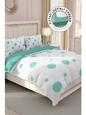 Lastikli Çarşaflı Pamuk Saten Çift Kişilik Puantiye Nevresim Takımı