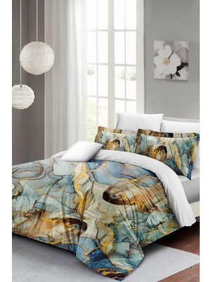 Lastikli Çarşaflı Pamuk Saten Çift Kişilik Marble Shiny Nevresim Takımı