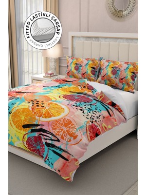 Lastikli Çarşaflı Pamuk Saten Çift Kişilik 3D Orange Nevresim Takımı