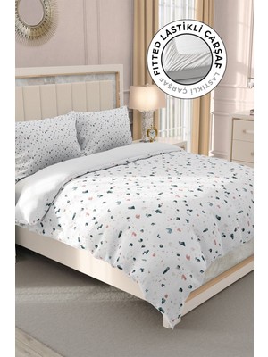 Lastikli Çarşaflı Pamuk Saten Çift Kişilik Terrazzo Nevresim Takımı