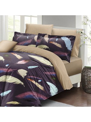 Çift Kişilik Lastikli Çarşaflı Pamuk Saten Colorful Feather Nevresim Takımı