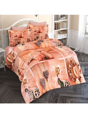 Lastikli Çarşaflı Pamuk Saten Çift Kişilik Tulip Heart Nevresim Takımı