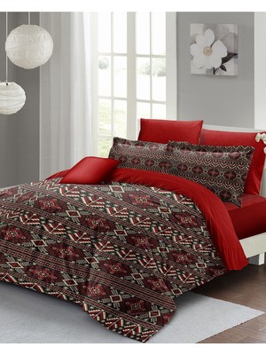 Lastikli Çarşaflı Pamuk Saten Çift Kişilik Red Old Design Nevresim Takımı