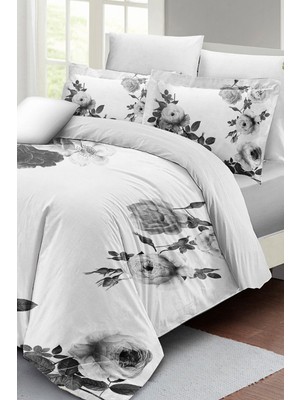 Çift Kişilik Lastikli Çarşaflı Pamuk Saten Black White Flower Nevresim Takımı