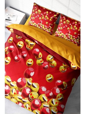 Çift Kişilik Sık Dokuma Pamuk Saten 3D Özel Tasarım Emoji In Red Nevresim Takımı