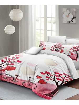 Çift Kişilik Lastikli Çarşaflı Sevgililer Günü % 100 Pamuk Saten White Love Nevresim Takımı