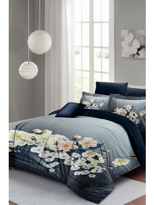 Lastikli Çarşaflı Pamuk Saten Çift Kişilik Çiçekli Orkide Nevresim Takımı