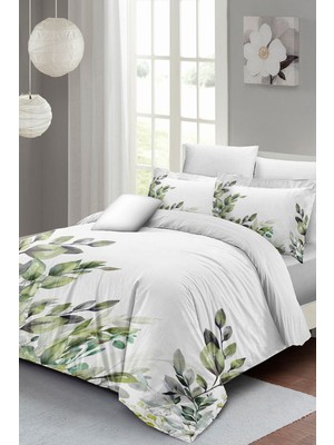 Lastikli Çarşaflı Pamuk Saten Çift Kişilik Green Branch Nevresim Takımı