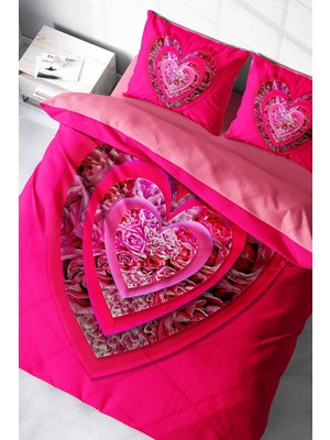 Çift Kişilik Sık Dokuma Pamuk Saten 3D Özel Tasarım Pink Valentine Nevresim Takımı