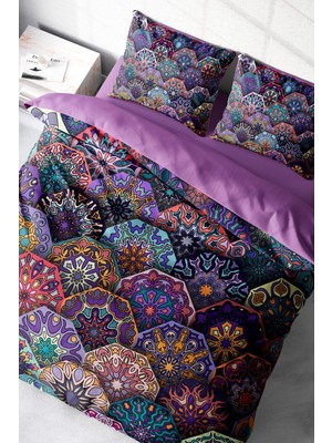 Çift Kişilik Sık Dokuma Pamuk Saten 3D Özel Tasarım Ethnic Purple Nevresim Takımı