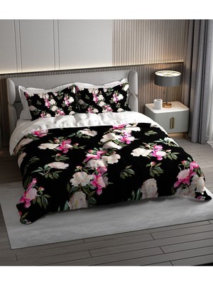 Doğal Pamuk Çift Kişilik 3D Digital Black Flower Nevresim Takımı