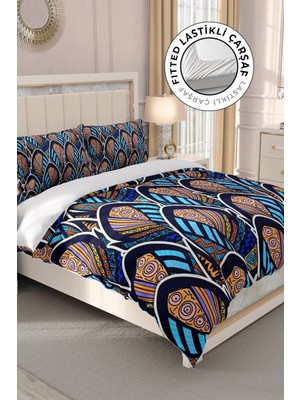 Lastikli Çarşaflı Pamuk Saten Çift Kişilik Bohem Stil Nevresim Takımı