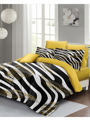 Lastikli Çarşaflı Pamuk Saten Çift Kişilik Zebra Feather Nevresim Takımı