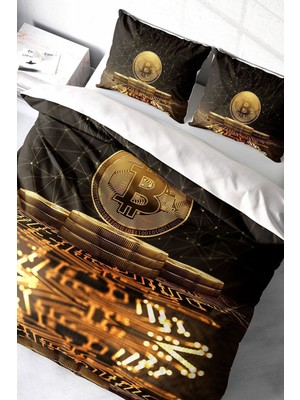 Doğal Pamuk Çift Kişilik 3D Digital Bitcoin-2 Nevresim Takımı