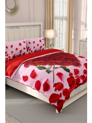 Çift Kişilik Lastikli Çarşaflı Sevgililer Günü % 100 Pamuk Saten 3D Gül Aşkı Nevresim Takımı