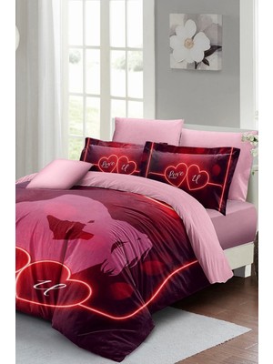 Çift Kişilik Lastikli Çarşaflı Sevgililer Günü % 100 Pamuk Saten Love U Nevresim Takımı
