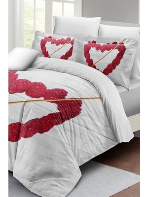 Çift Kişilik Lastikli Çarşaflı Pamuk Saten Raspberry Heart Nevresim Takımı