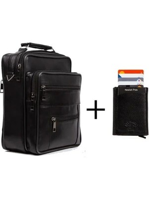 Newish Polo Erkek Hakiki Deri El Omuz Çantası ve Mekanizmalı Cüzdan  (15x19 cm) newpolo101 - Siyah