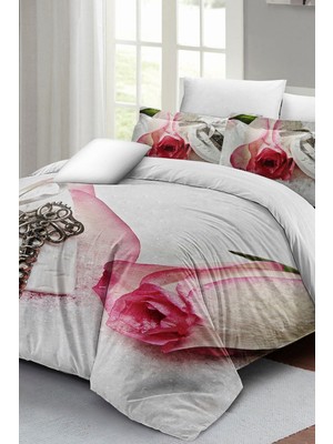 Çift Kişilik Lastikli Çarşaflı Sevgililer Günü % 100 Pamuk Saten White Love Nevresim Takımı