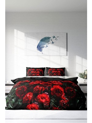 Çift Kişilik Lastikli Çarşaflı Pamuk Saten Red Black Roses Nevresim Takımı