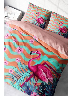 Çift Kişilik Sık Dokuma Pamuk Saten 3D Özel Tasarım Turkuaz Flamingo Nevresim Takımı